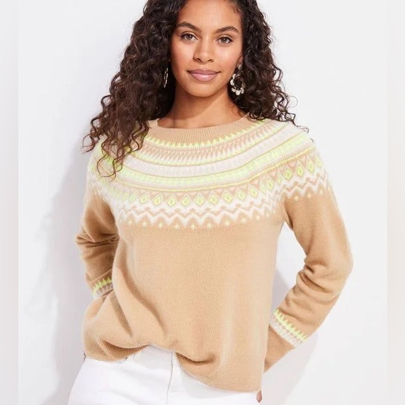 Vineyard Vines 100% Cashmere Pop Fair Isle Crewneck Sweater Camel Green Medium - Picture 1 of 6